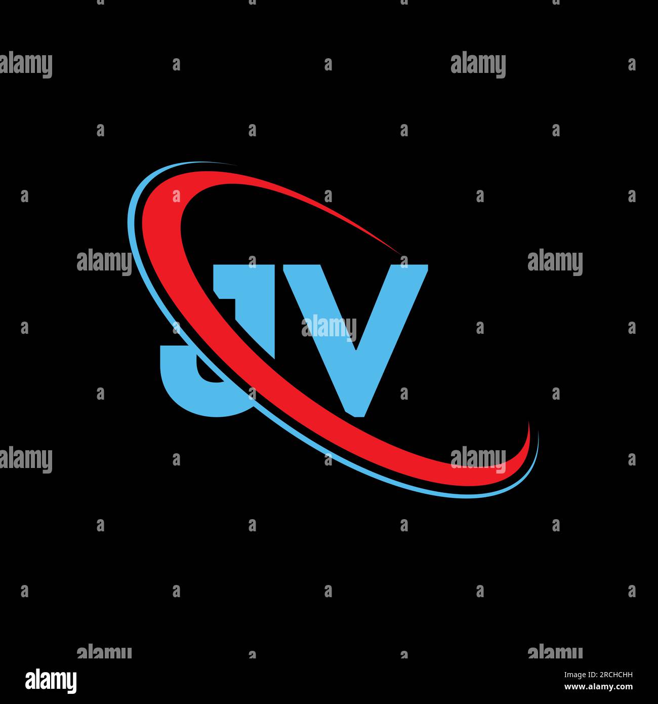 Logo mit JV J V-Buchstaben. Anfangsbuchstabe JV gekoppeltes kreisförmiges Monogramm-Logo in Großbuchstaben, rot und blau. JV-Logo, J-V-Design Stock Vektor