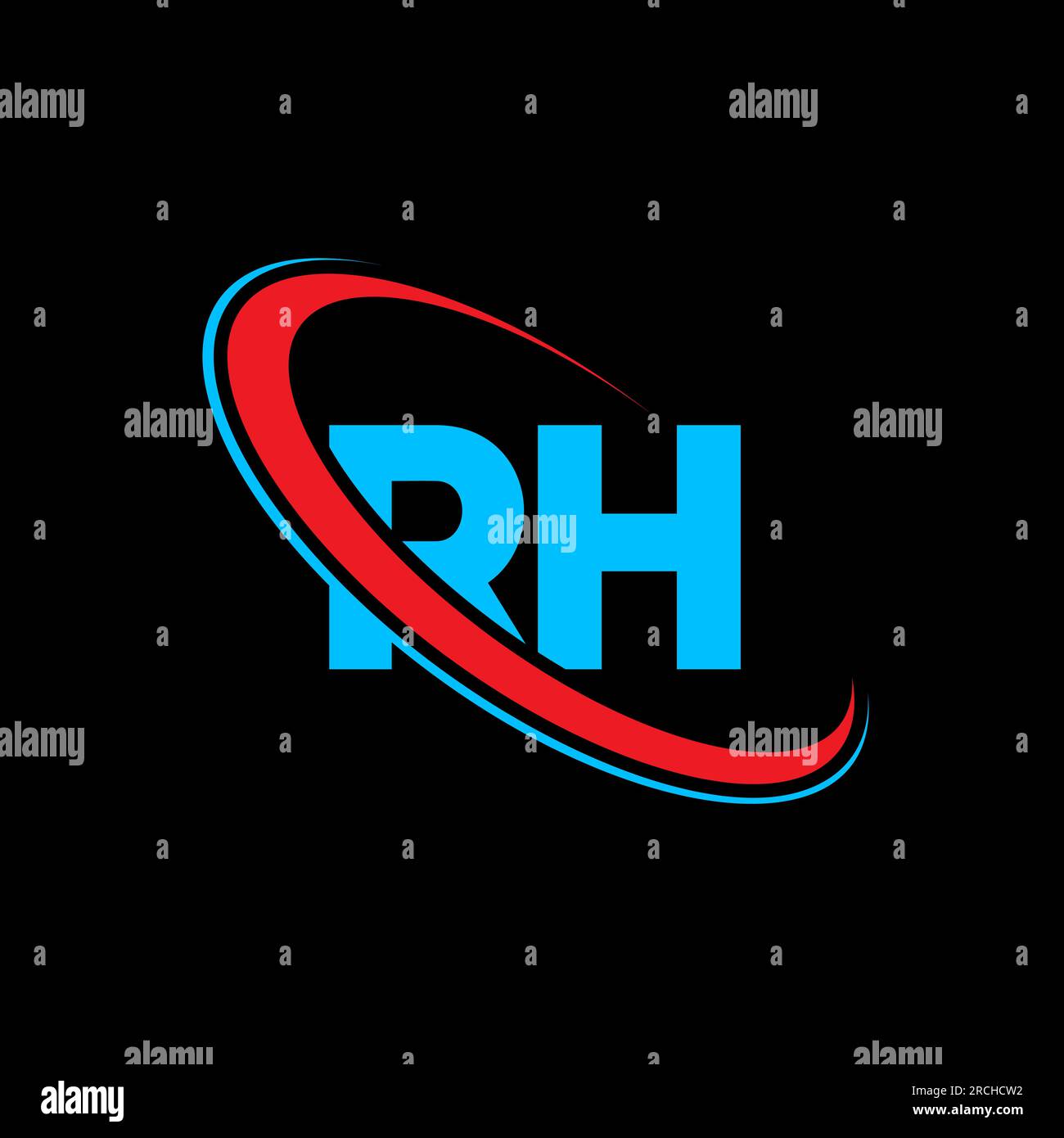 Rechtes R H-Logo. Anfangsbuchstabe RH verbunden Kreis Großbuchstaben Monogramm Logo rot und blau. Rechtes Logo, R-H-Ausführung. rechts, rechts Stock Vektor