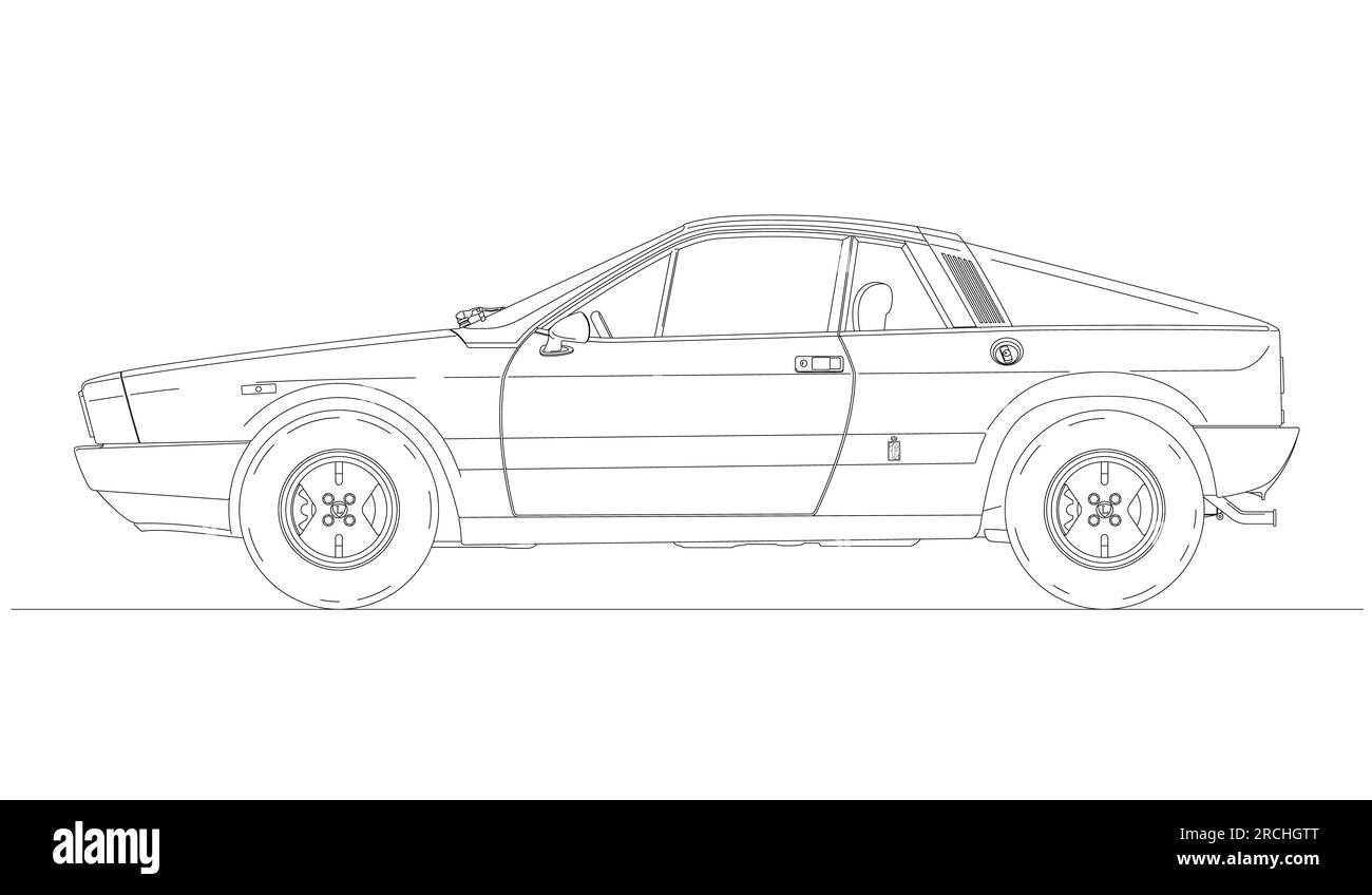 Italien, Jahr 1978, Lancia Beta Montecarlo Oldtimer, Silhouette umrissen, Vektordarstellung Stockfoto