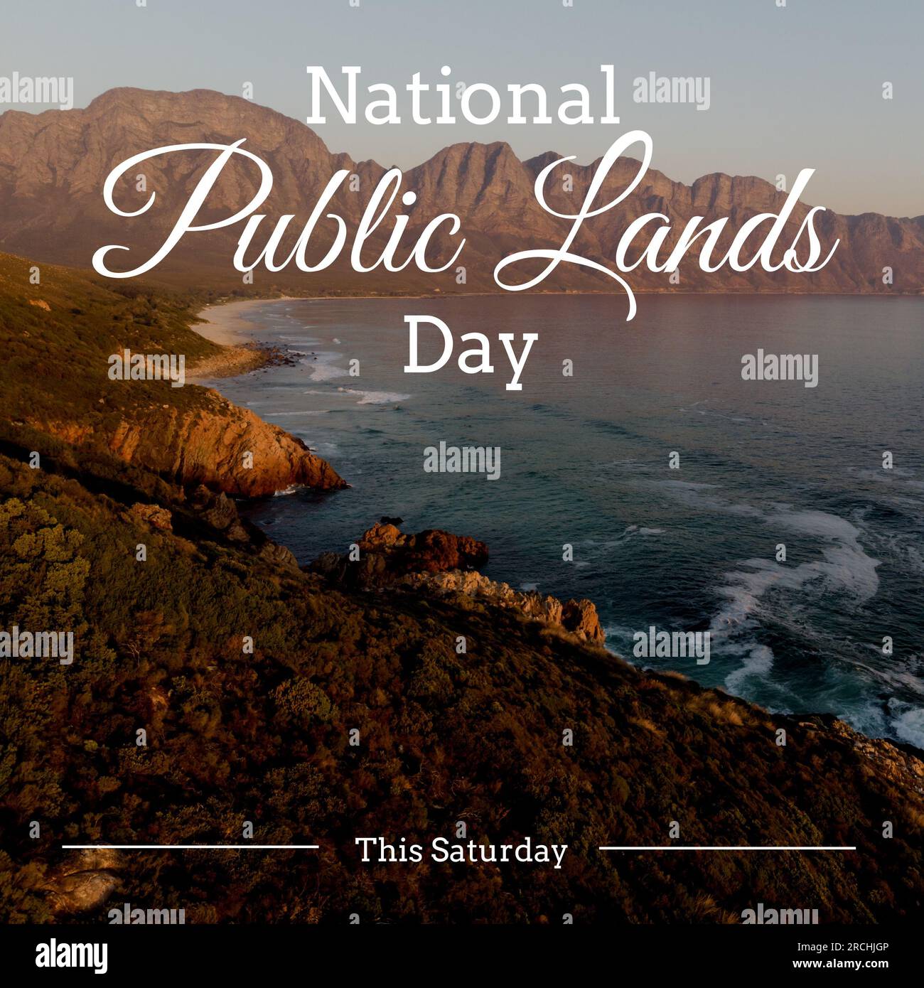 National Public Lands Day, diesen samstag Text in Weiß über Strand, Meer und Bergküste Stockfoto