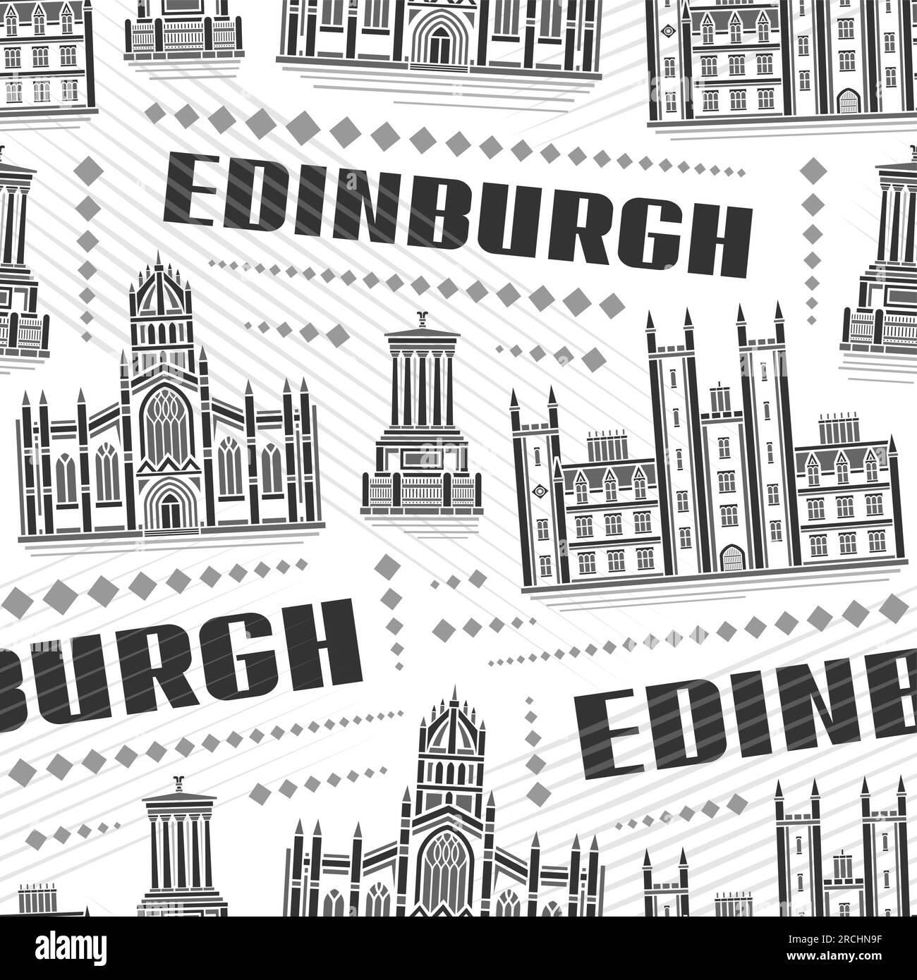 Vector Edinburgh Seamless Pattern, sich wiederholender Hintergrund mit Illustration der europäischen historischen stadtlandschaft in edinburgh auf weißem Hintergrund, monochrom Stock Vektor