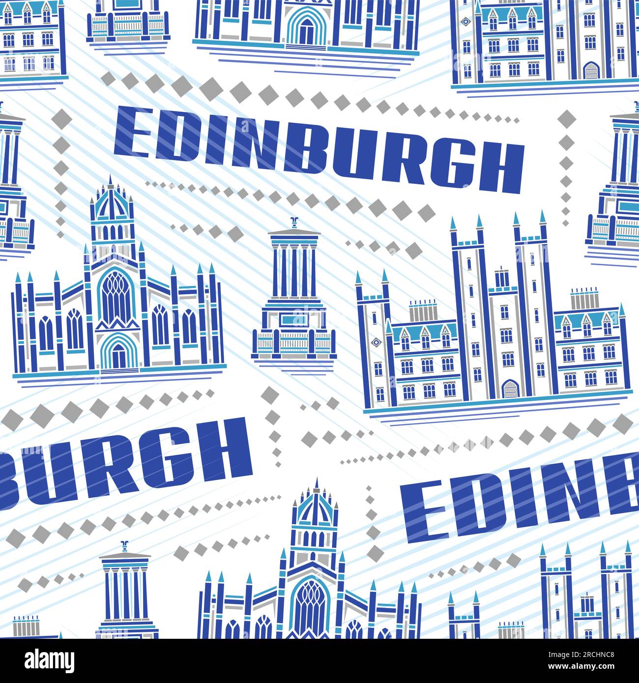 Vector Edinburgh Seamless Pattern, wiederkehrender Hintergrund mit Illustration der berühmten europäischen stadtlandschaft edinburghs auf weißem Hintergrund für Bettwäsche, Deko Stock Vektor