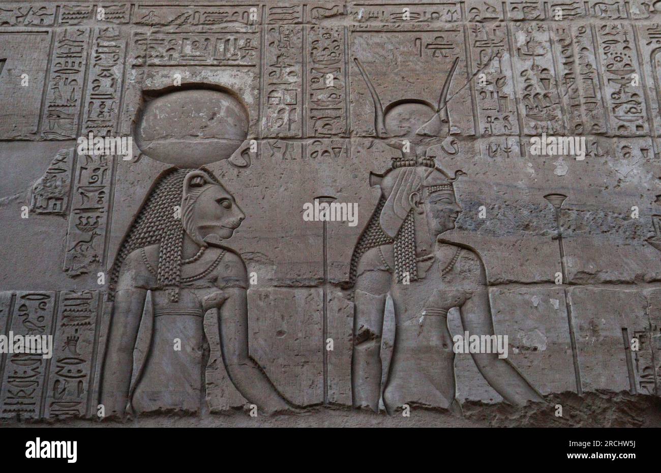 Alte ägyptische Hieroglyphen an den Mauern des Kom Ombo Tempels (Sobek & Horus) in Assuan, Oberägypten Stockfoto