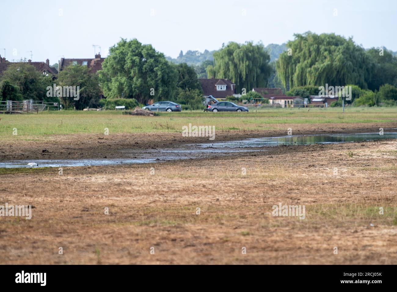 Dorney, Buckinghamshire, Großbritannien. 2. Juli 2023. Flutwasser bleibt auf Dorney Common viel zu der Frustration der Dorfbewohner in Colenorton Crescent im nahe gelegenen Eton Wick. Die Dorfbewohner berichten, dass sie besonders abends einen "Abwassergeruch" bekommen. Das Wasser von der Themse darf in den Graben des Roundmoor neben dem gewöhnlichen abfließen, aber die Überwachung der Ereignisdauer zeigt, dass die letzte Ableitung in den Graben des Roundmoor im Januar war. Ein Teil des Hochwassers beginnt nun zu sinken, aber es war in den letzten Wochen besonders schlimm, obwohl es wenig regnete. Kredit: Maureen Stockfoto