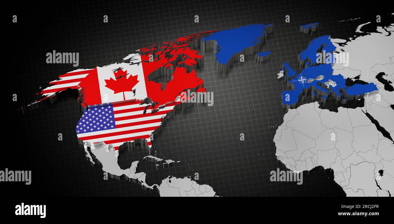 USA und Kanada in der NATO - Karte und Flaggen - 3D Abbildung Stockfoto
