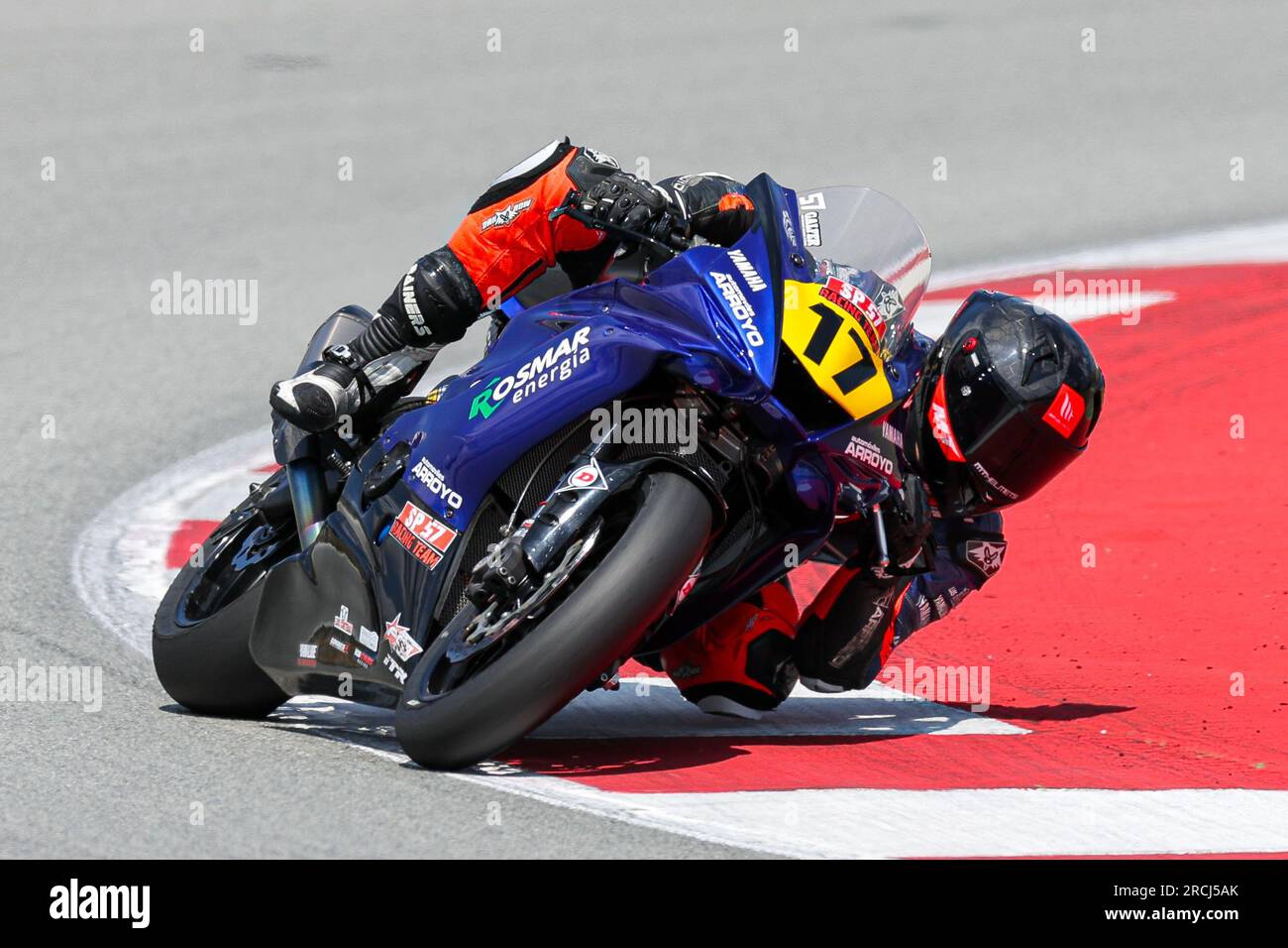 Montmelo, Spanien. 14. Juli 2023. Daniel Munoz aus Spanien, Mitglied des Sp57 Racing Teams mit Yamaha während der ECH-Kategorie der Finetwork FIM JuniorGP Weltmeisterschaft Barcelona auf dem Circuit de Barcelona in Montmelo, Spanien. Kredit: DAX Images/Alamy Live News Stockfoto