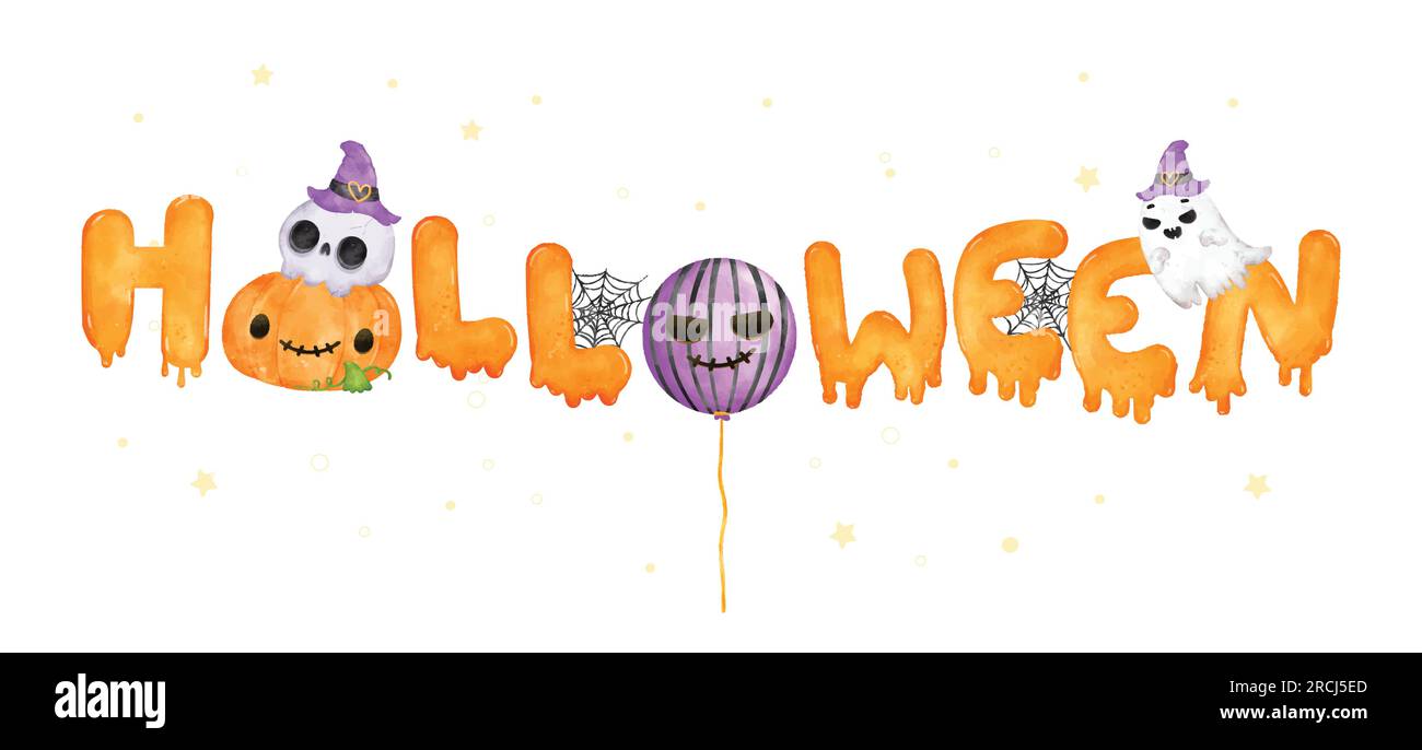 Feiern Sie den gruseligen Feiertag mit diesem niedlichen und farbenfrohen Halloween-Schriftzug. Die handgezeichnete Aquarell-Illustration ist mit einer verspielten Kombination versehen Stock Vektor