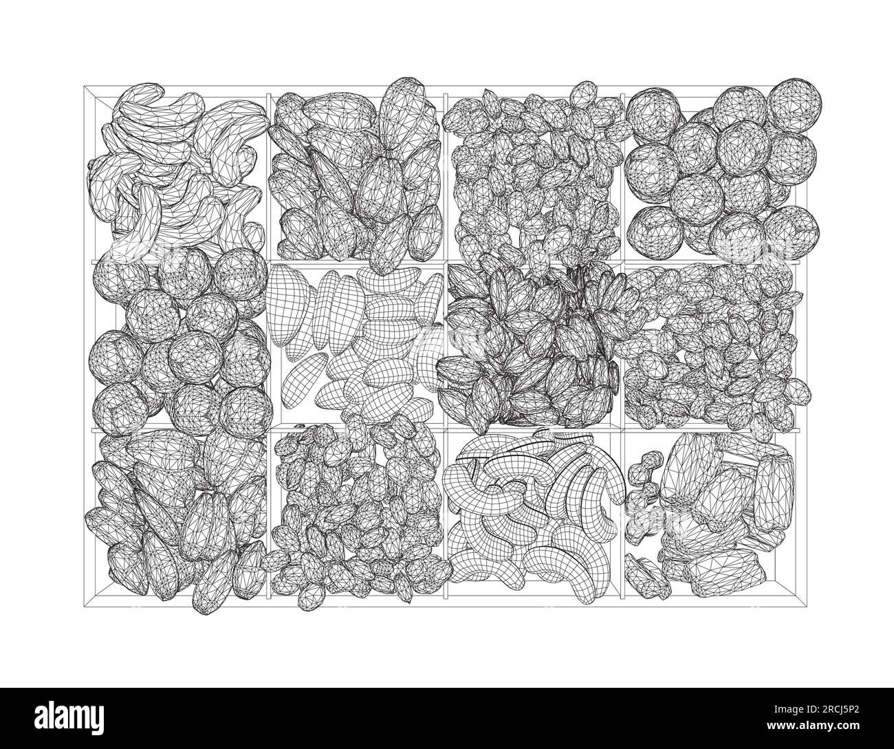 Vektormuttern Drahtmodell festlegen. Vektorhintergrund von trockenen Nüssen und Samen - Mandeln, Cashew, Erdnüsse, Walnüsse, Pistazien. Lebensmittel für Lebensmittelgeschäfte, schwarz-weiß Stock Vektor