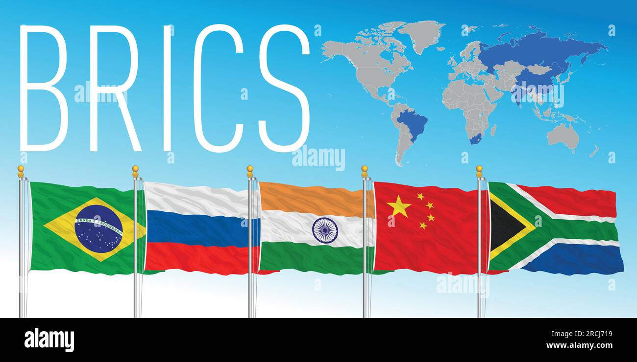 BRICS-Gipfel, Flaggen der Länder und Karte, Vektordarstellung Stock Vektor