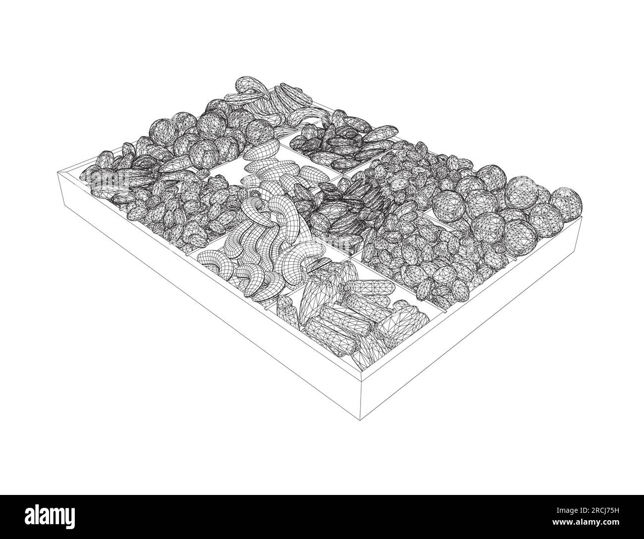 Vektormuttern Drahtmodell festlegen. Vektorhintergrund von trockenen Nüssen und Samen - Mandeln, Cashew, Erdnüsse, Walnüsse, Pistazien. Lebensmittel für Lebensmittelgeschäfte, schwarz-weiß Stock Vektor