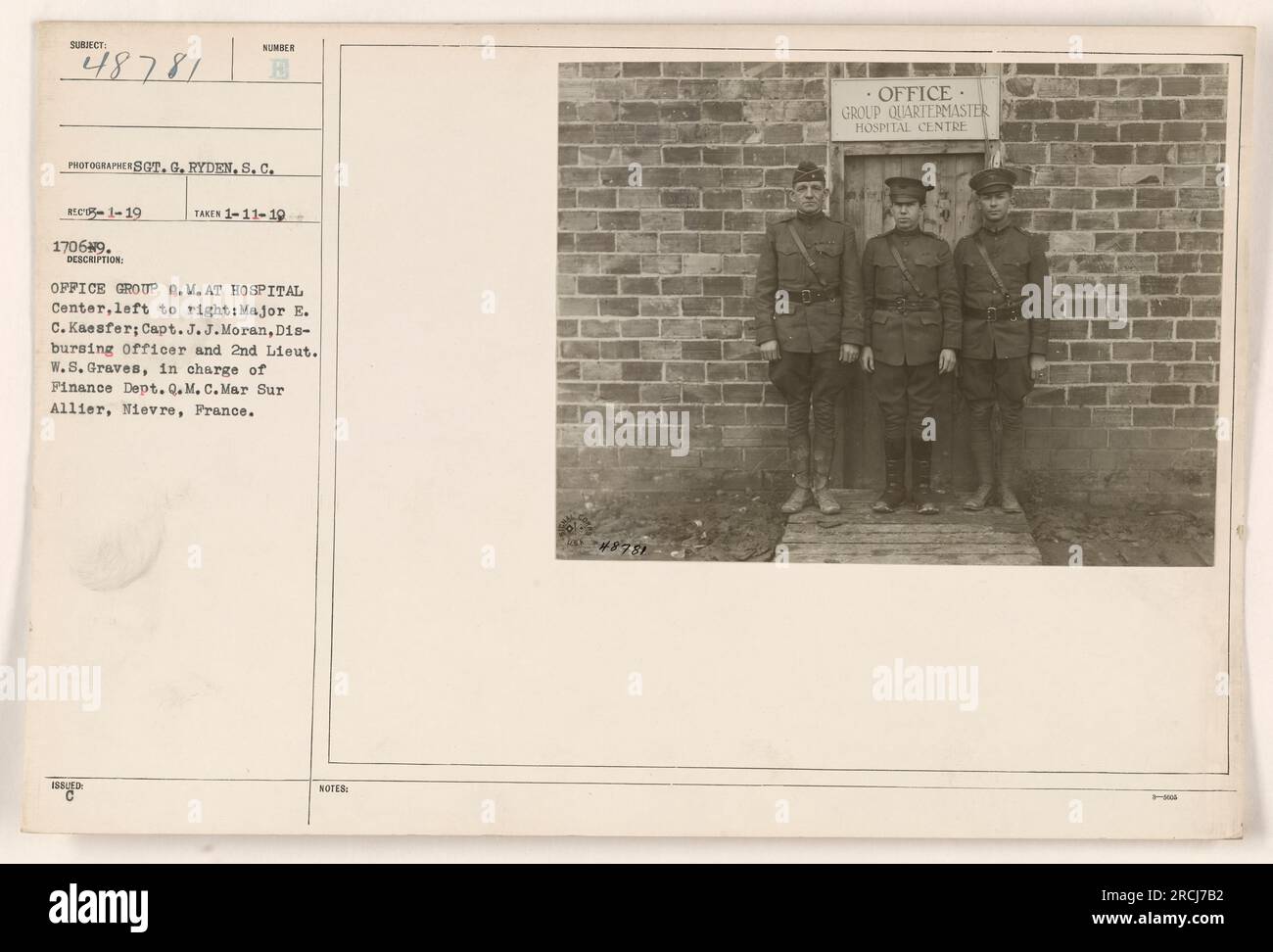 Office Group Q.M. im Krankenhaus-Center. Abbildung von links nach rechts: Major E. C. Kaesfer, Captain J. J. Moran, auszahlender Offizier, und 2. Lieutenant W. S. Graves, der die Finanzabteilung des Quartermaster Corps leitet. Dieses Foto wurde im Ersten Weltkrieg in Mar Sur Allier, Nievre, Frankreich, aufgenommen. Stockfoto