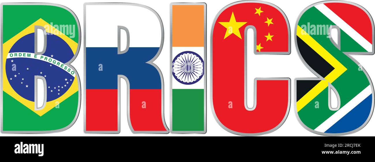 BRICS-Gipfel, Name mit Flaggen der Länder, Vektordarstellung auf weißem Hintergrund Stock Vektor