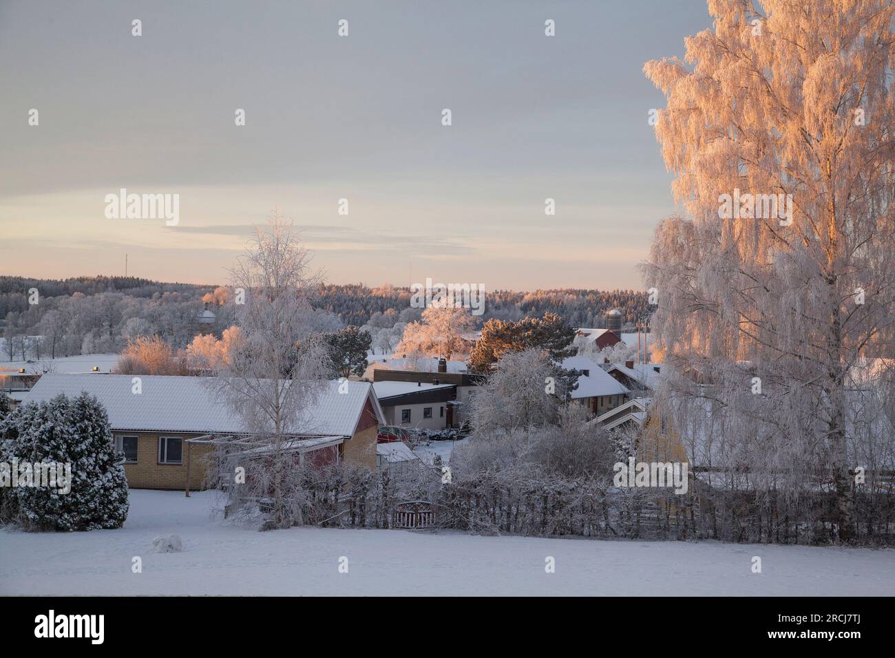 DIE MORGENDLICHE KÄLTE lindert die Villen in der Landschaft am frühen Wintermorgen Stockfoto