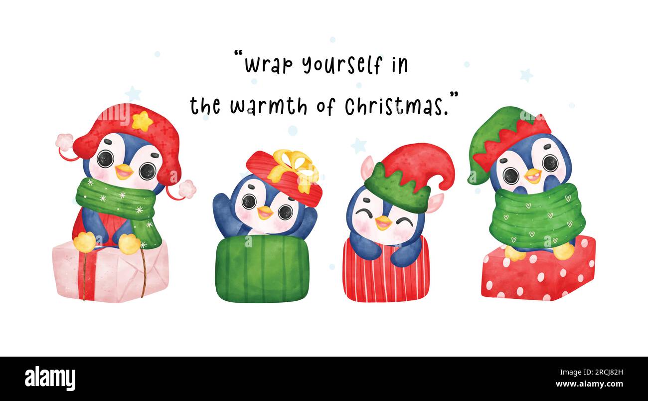 Halten Sie die Freude der Weihnachtszeit mit fröhlichen Pinguinen in bezaubernden Weihnachtskostümen fest, die um eine Geschenkbox versammelt sind. Dieses Aquarell-Banner bringt Stock Vektor