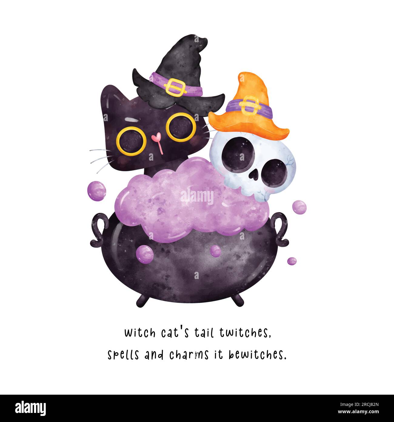 Ein bezauberndes und humorvolles Aquarell-Bild. Eine süße schwarze Katze und ein Schädel mit einem Hexenhut... Brauen Magie in einem sprudelnden Kessel zusammen Stock Vektor
