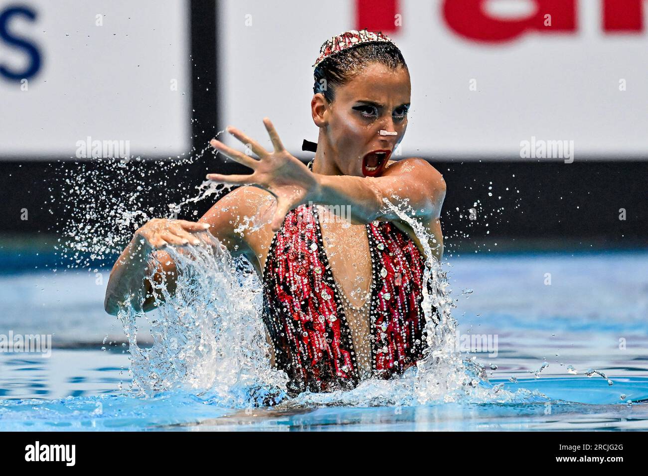 Fukuoka, Japan. 15. Juli 2023. Vasiliki Alexandri aus Österreich nimmt am 15. Juli 2023 an der Marine Messe Hall A in Fukuoka (Japan) im Solo Tech Women Finale 20. der Aquatics World Championships Teil. Kredit: Insidefoto di andrea staccioli/Alamy Live News Stockfoto