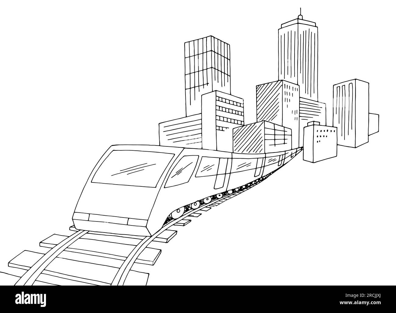 Zug von der Eisenbahn aus der Stadtgrafik Schwarzweiß Landschaftszeichnung Zeichnungsvektor Stock Vektor