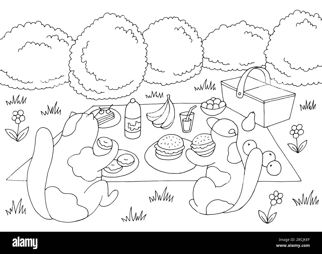 Katzen auf einer Picknickgrafik Schwarzweiß Landschaftszeichnung Zeichnungsvektor Stock Vektor