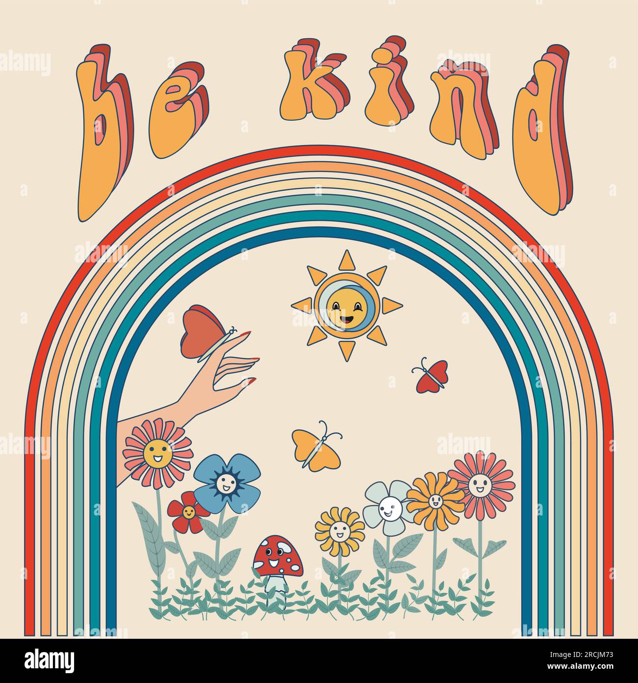 Inschrift Be Kind Groovy Poster Regenbogen, lächelnde Blumen, Sonne Schmetterling auf der Hand Vektordarstellung. Isoliert Stock Vektor