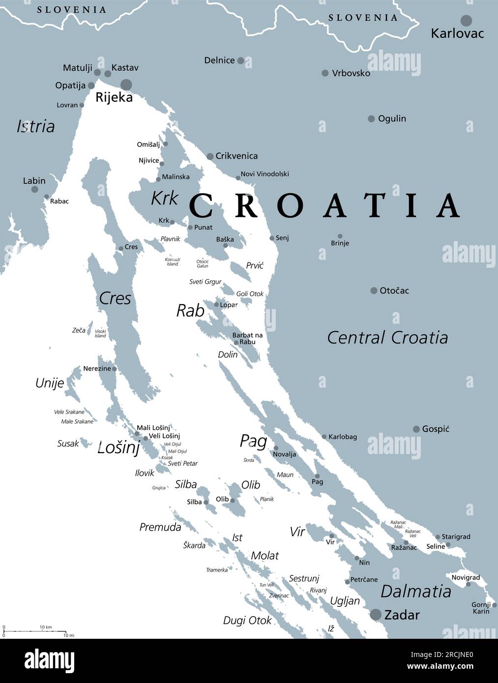 Kvarner Golf, Teil der inneren Gewässer Kroatiens, graue politische Karte. Die Kvarner-Bucht in der nördlichen Adria zwischen Istrien und Zentralkroatien. Stockfoto