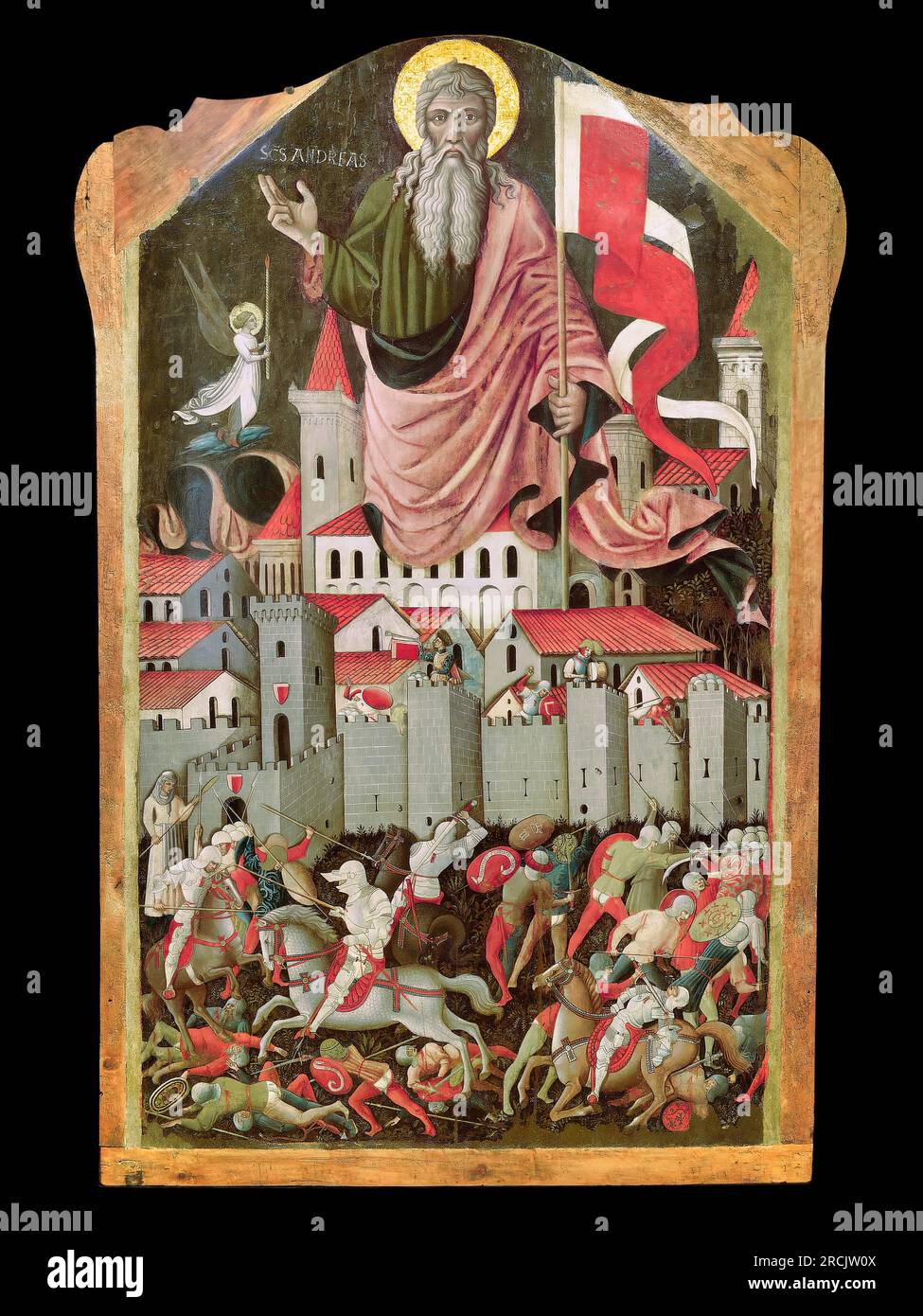 Nicola di Ulisse da Siena, St. Andrew und die Schlacht zwischen Ginesini und Fermani, etwa 1463, Tempera auf Holz, in San Ginesio (Italien). Stockfoto
