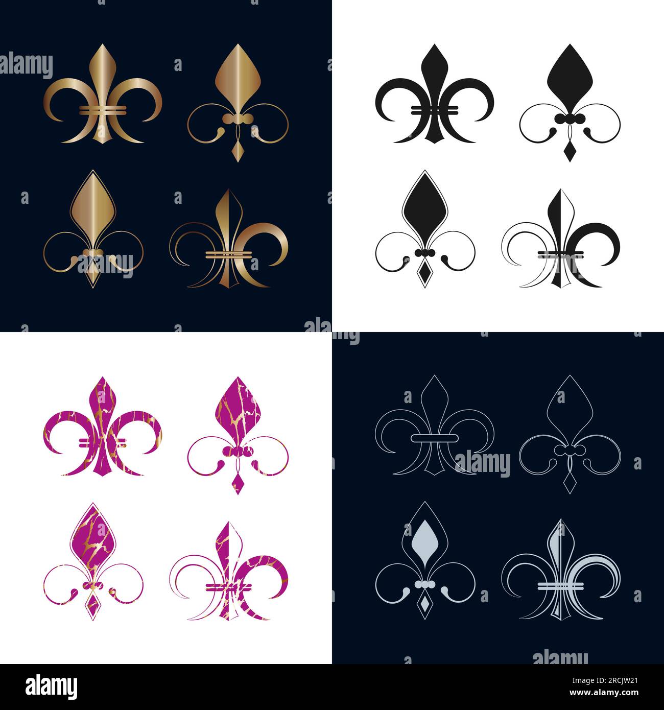 Fleur De Lis Icons Kollektion Royal French Heraldic Symbol verschiedene Typen Gold, Schwarz, Hellblau, Grunge strukturiert, Metallic, Dekorative Konturen Stock Vektor