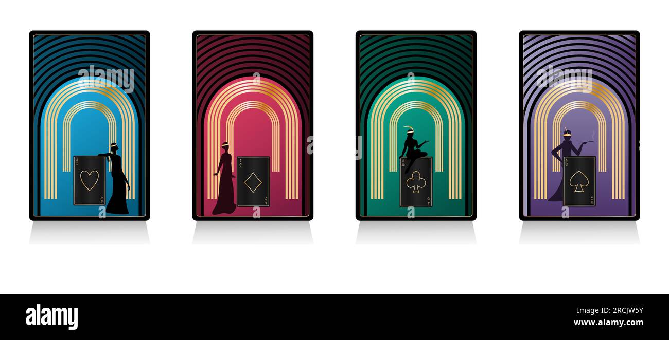 Goldenes Ass im Art déco-Stil auf schwarzen Herzen, Diamanten, Clubs und Pik Spielkarten, Frauen und Goldbögen Banner Vorlagenkollektion Vector Illust Stock Vektor