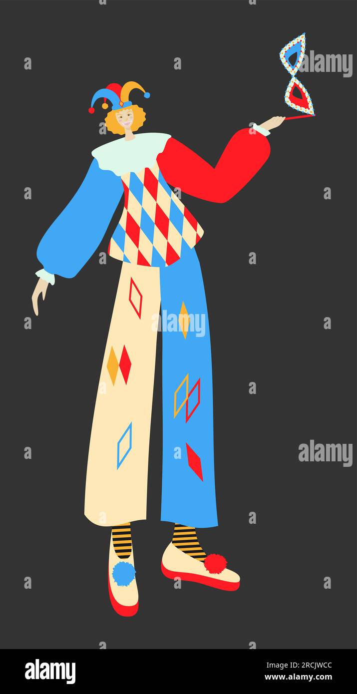 Harlekin. Der Stock-Charakter von Pantomime und Commedia dell'arte. Italienischer Comedy-Zirkus, Karnevalsbanner-Designelement Vektordarstellung. Isoliert ein Stock Vektor