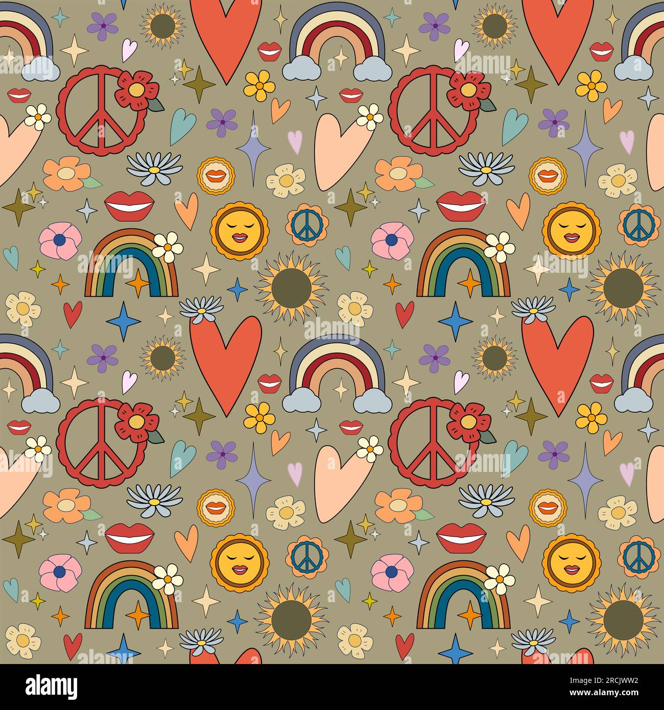 Groovy Hippie 70s Nahtloses Muster lustige Cartoon-Blumen, Regenbogen, Frieden, Herzen, trendiger, psychedelischer Retro-Cartoon-Style. Vektordarstellung. ICH Stock Vektor