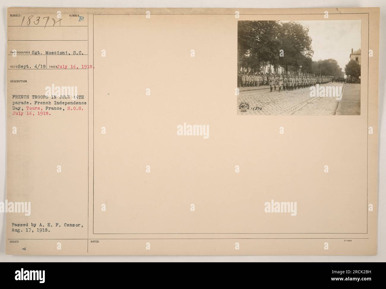 Französische Truppen marschieren am 14. Juli 1918 zu einer Parade, um den französischen Unabhängigkeitstag in Tours, Frankreich, zu feiern. Das Foto wurde von Sergeant Moscioni gemacht. Das Foto ist Nummer 18371 in der Serie und wurde am 4. September 1918 empfangen. Es wurde am 17. August 1918 vom A. E. P. Censor verabschiedet. Stockfoto