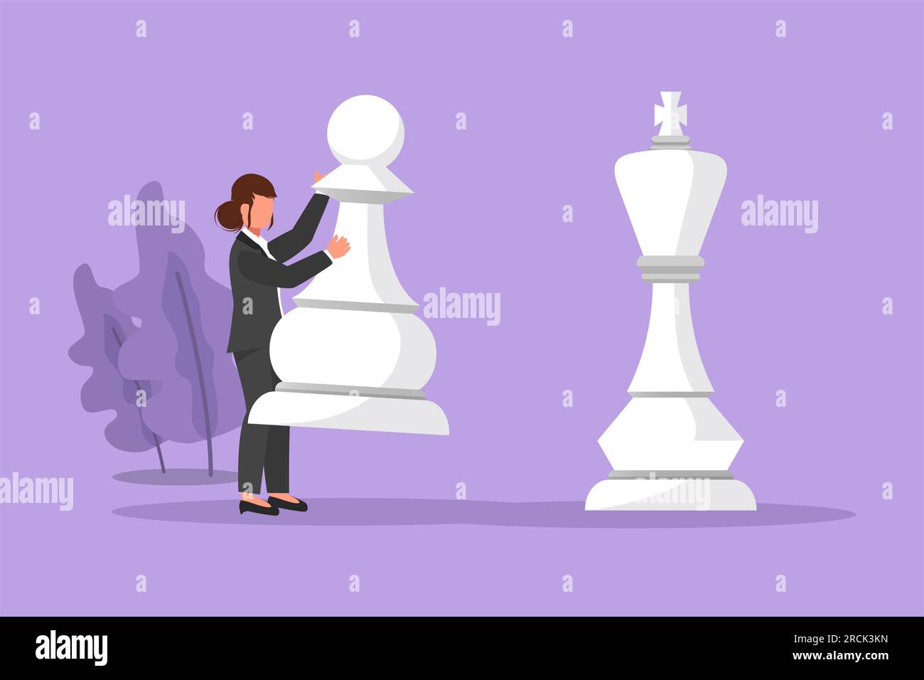 Eine Zeichentrickfigur im flachen Stil, eine Geschäftsfrau, die Schachfiguren hält, um Königschach zu schlagen. Strategische Planung, Geschäftsentwicklungsstrategie, Taktiken in en Stockfoto