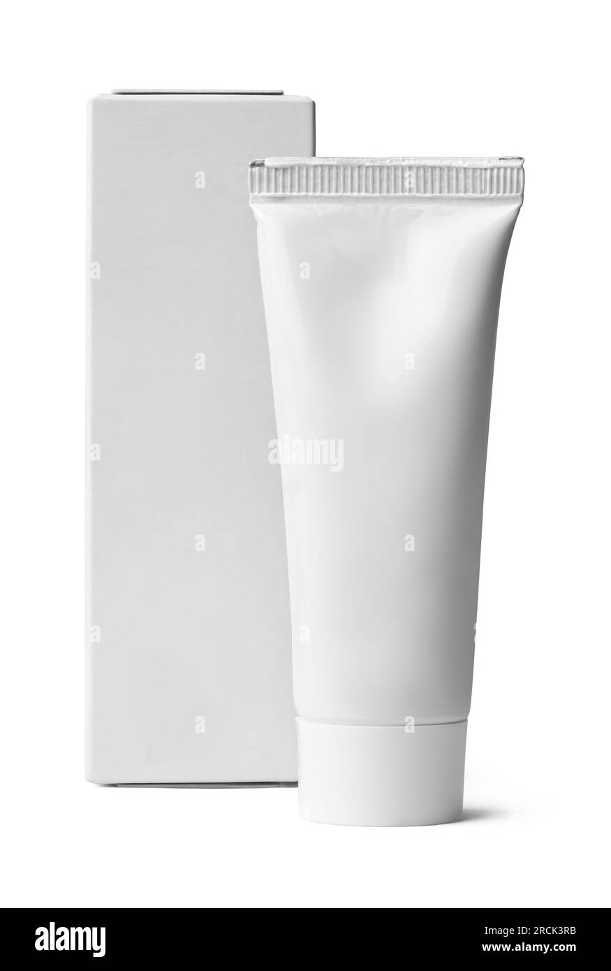 Nahaufnahme des Röhrchens mit Box, Modell-Template für Zahnpasta, Sahne, Gel oder Shampoo, leere Verpackung auf weißem Hintergrund, Medizin oder Kosmetik Stockfoto