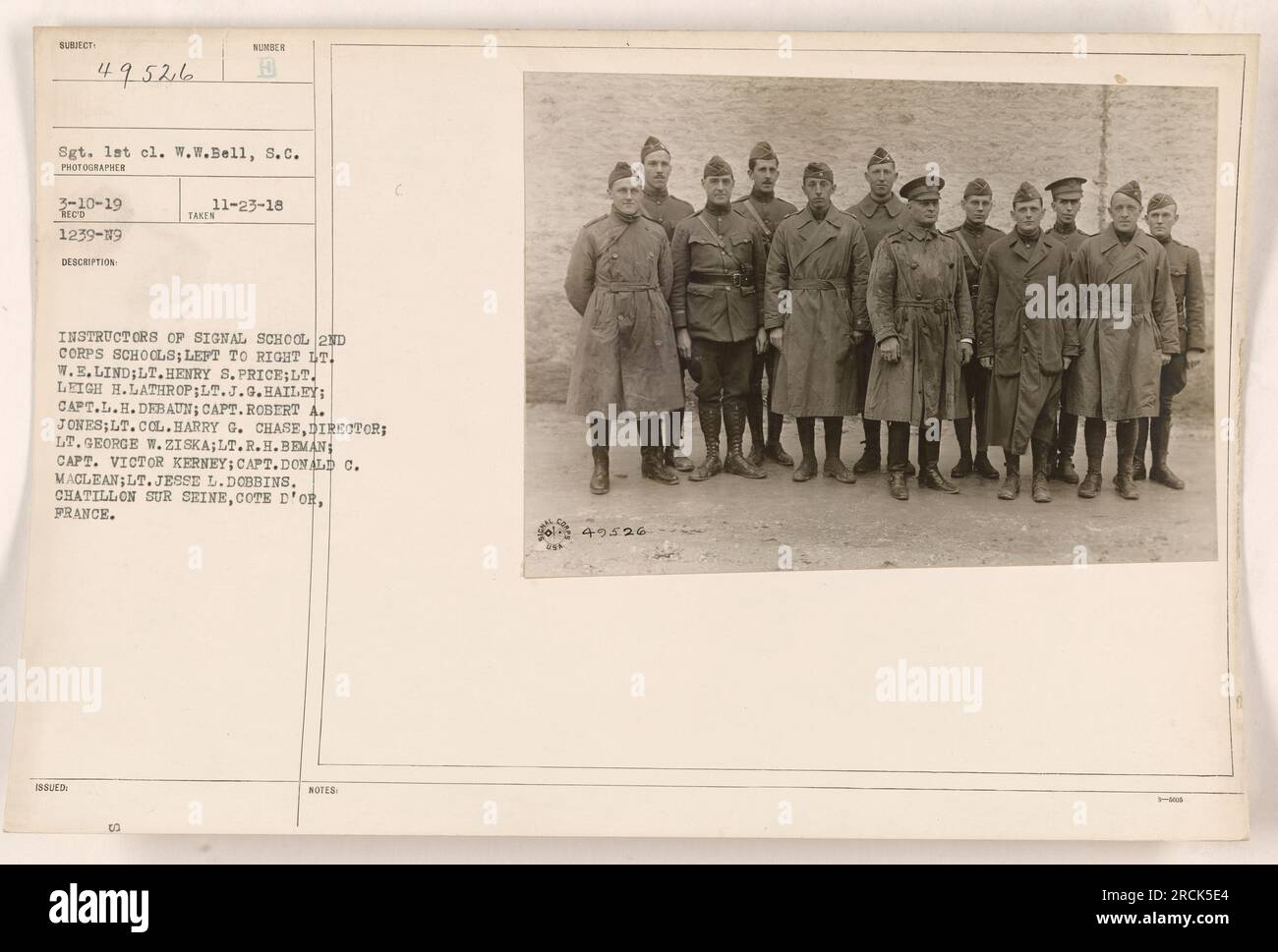 Die Ausbilder der Signal School, 2. Corps Schools, sind auf einem Foto in Chatillon-Sur-seine, Cote d'Or, Frankreich, zu sehen. Die Namen der Personen auf dem Foto lauten wie folgt: Sgt. 1. cl. W. Bell, S.C., Leutnant W.E. Lind, Leutnant Henry S. Price, Leutnant Leigh H. Lathrop, Leutnant J.G. Hailey, Kapitän L.H. Debaun, Kapitän Robert A. Jones, Oberstleutnant Harry G. Chase (Direktor), Leutnant George W. Ziska, Leutnant R.H. Beman, Kapitän Victor Kerney, Kapitän Donald C. MacLean, Leutnant Jesse L. Dobbins. Das Foto wurde am 3-10-19 aufgenommen, und die Beschreibung und Quelle des Fotos sind als Sumber und ausgestellter Lehrer angegeben Stockfoto