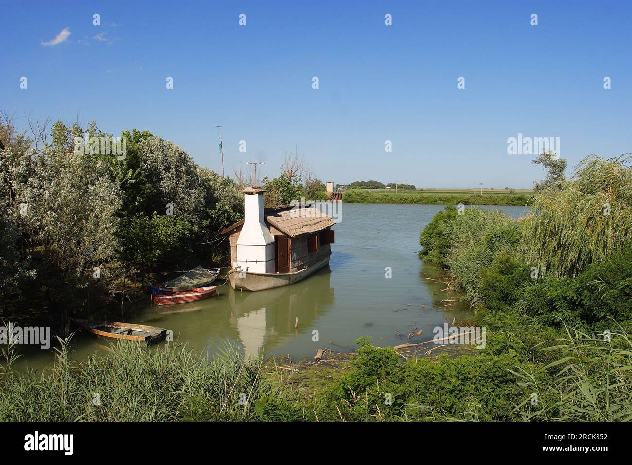 Zuckerrohrhaus auf dem Schiff, Ca' Lattis, Po di Gnocca, Taglio di Po, Po Delta Park, Veneto, Italien, Po Delta Park, Veneto, Italien Stockfoto