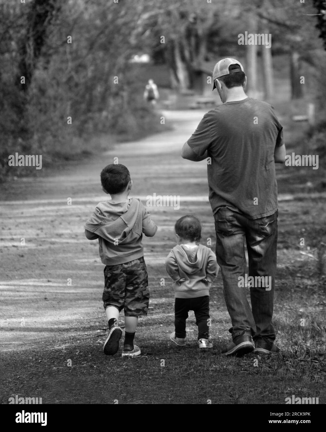 Ein Mann und seine drei jungen Söhne spazieren auf dem Virginia Creeper Trail, einem beliebten Wander-, Jogging-, Wander- und Radweg in Abingdon, Virginia. Stockfoto