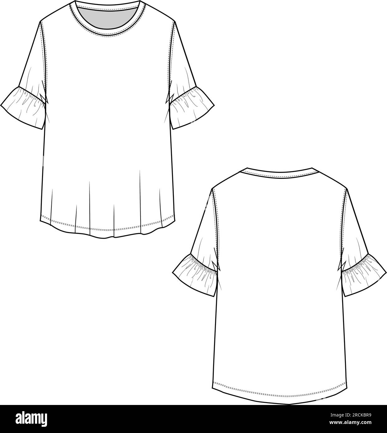 Freizeit Rundhalsausschnitt ausgefallene Ärmel Rüschen-T-Shirt Top Technical Flat Sketch Zeichnung Stock Vektor