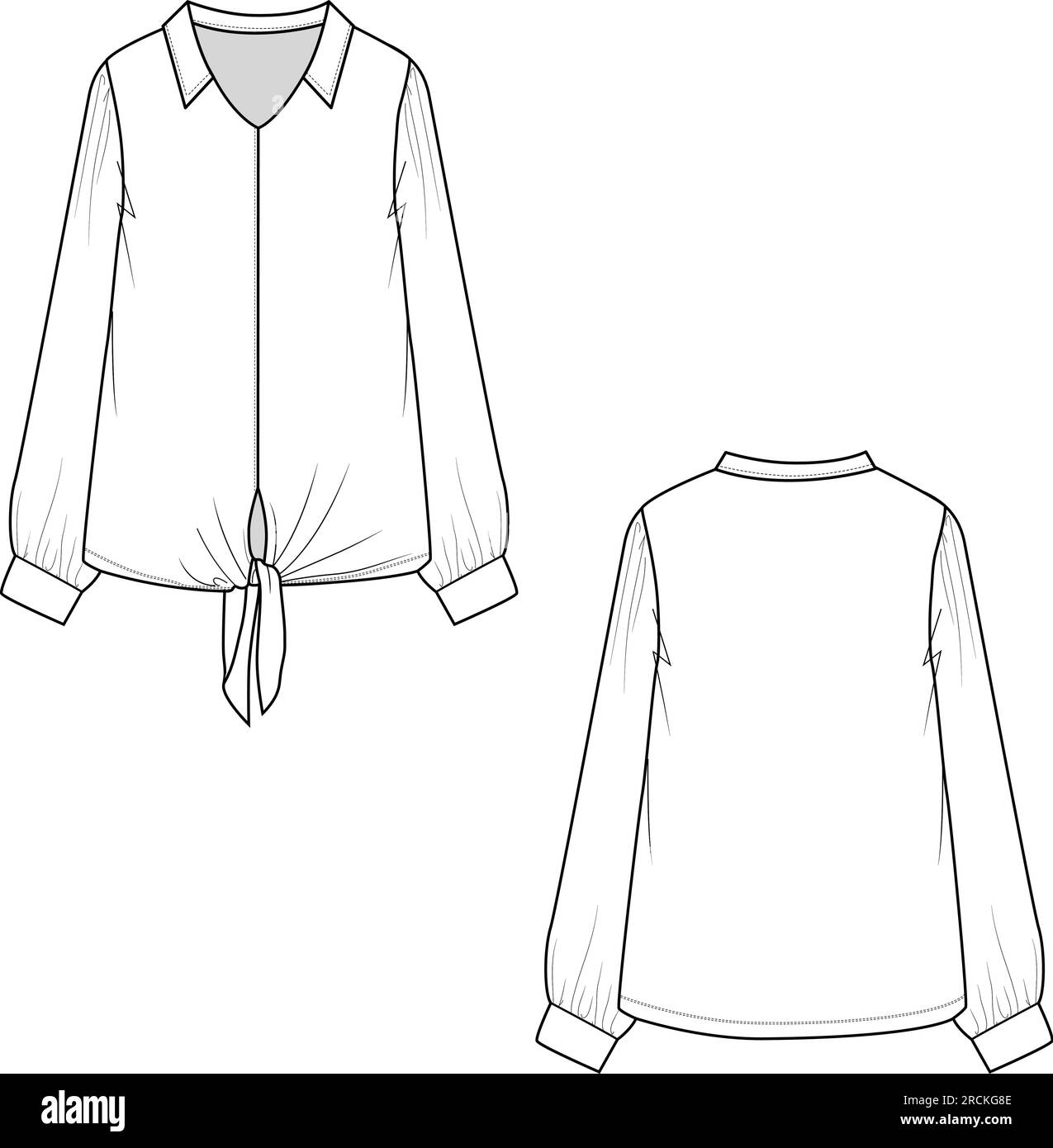 Mode Kragen V-Ausschnitt langärmeliges T-Shirt Oberteil Bluse Fashion Flat Sketch Design Vector Stock Vektor
