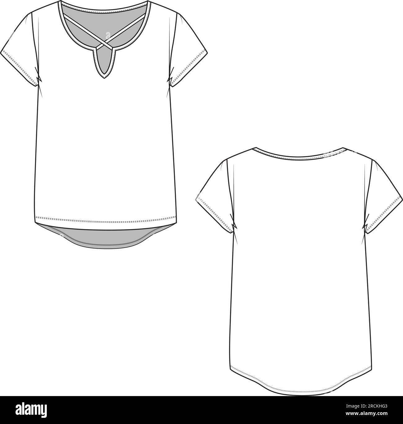 Modischer Rundhalsausschnitt mit V-Schnitt, Crisscross-Oberteil, technische flache Zeichnung, Vector 1 Stock Vektor