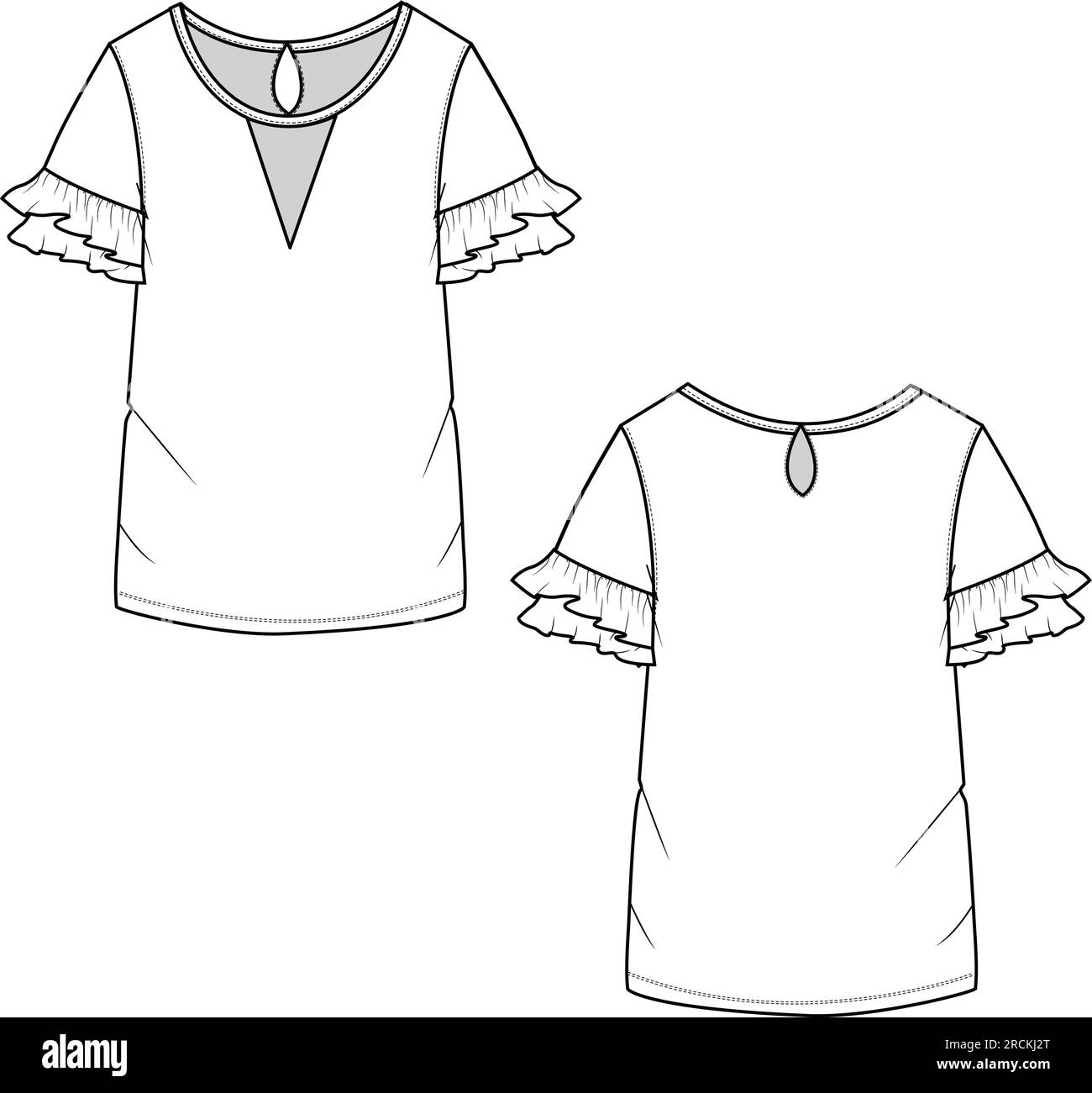 Fashion Rundhalsausschnitt V offene Lagen Rüschenärmel hinten Keyhole Oberteil technische flache Zeichenvorlage Stock Vektor