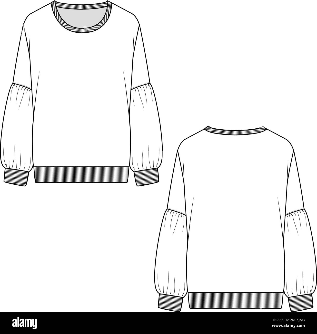 Modisches Langarm-Sweatshirt mit Rundhalsausschnitt, technisches, flaches, skizziertes Vektordesign Stock Vektor