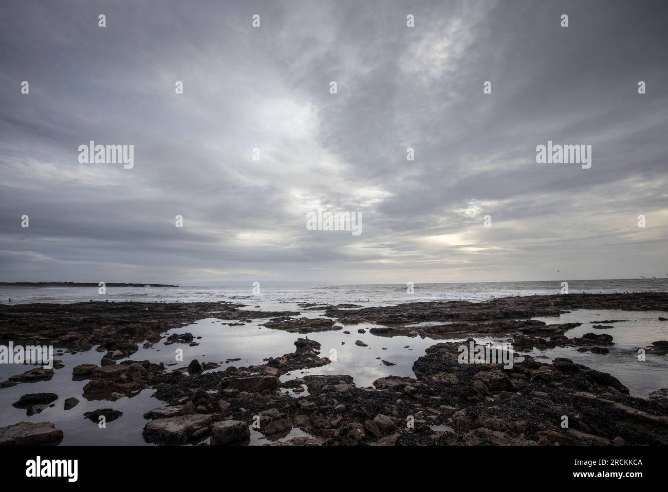 Felsige Küste mit Wolken, Kenfig Beach, Wales, Großbritannien Stockfoto