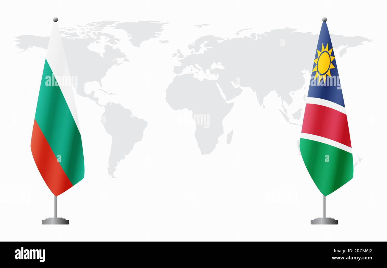 Bulgarien und Namibia Flaggen für offizielle Tagung vor dem Hintergrund der Weltkarte. Stock Vektor
