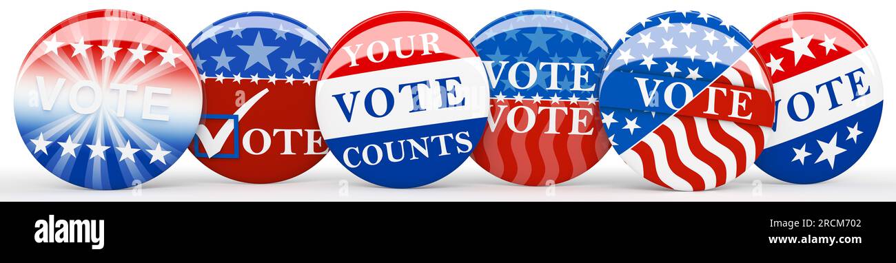 Verschiedene amerikanische rote, weiße und blaue Vote-PIN. Sammlung von Wahlknöpfen für US-Präsidentschaftswahlen oder Kommunalwahlen. 3D-Rendern. Stockfoto