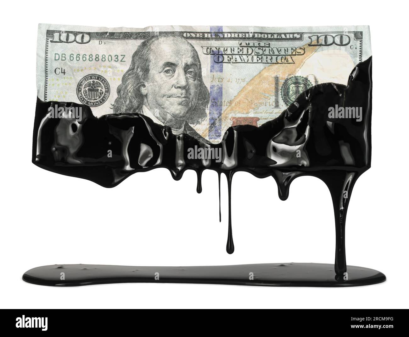 Der US-Dollar-Schein tropft mit Rohöl, was die hohen Gaskosten an der Pumpe oder die Abhängigkeit der USA von fossilen Brennstoffen zeigt. Stockfoto