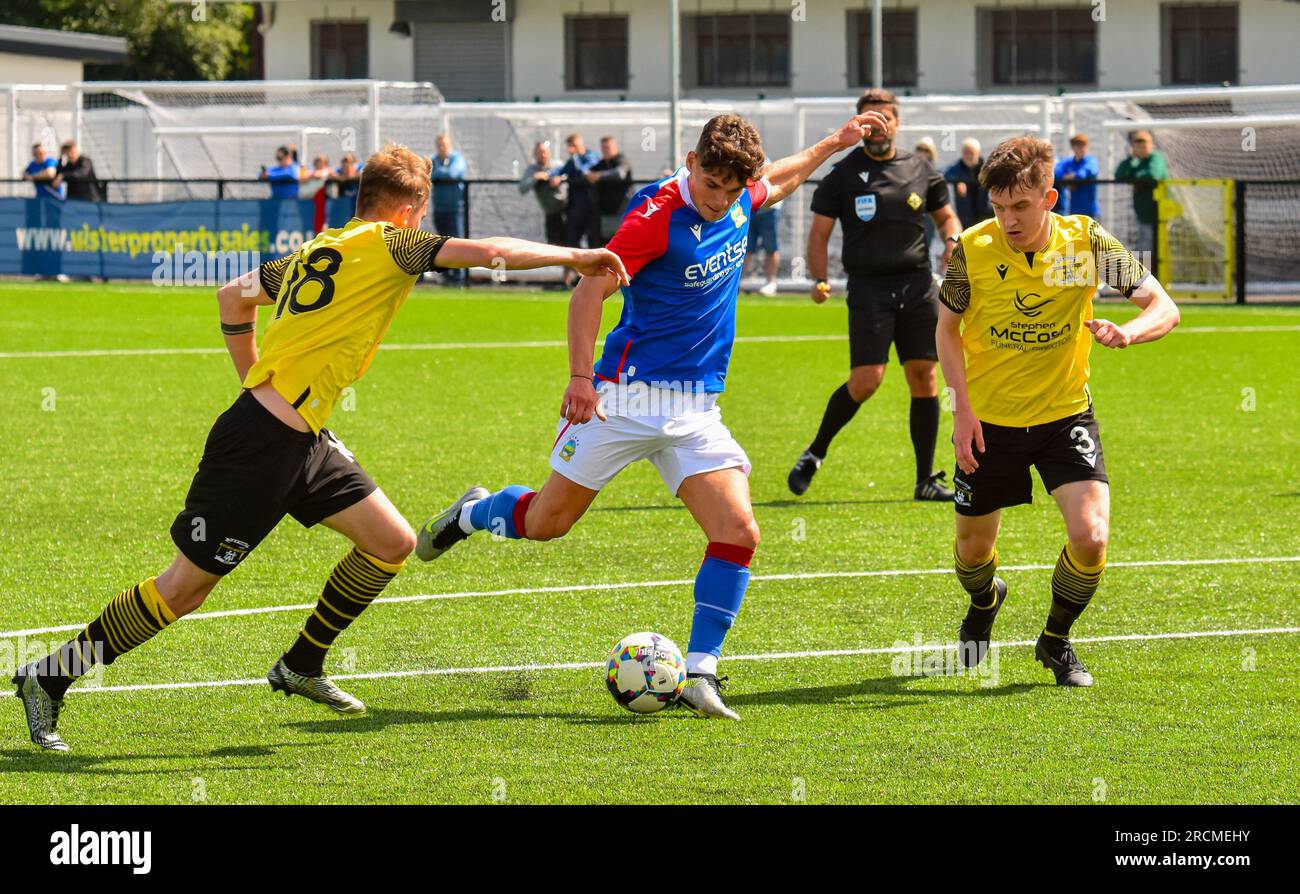 Max Haygarth - H&W Welders vs. Linfield, Samstag, 15. Juli 2023, Blanchflower Stadium, Belfast. Stockfoto