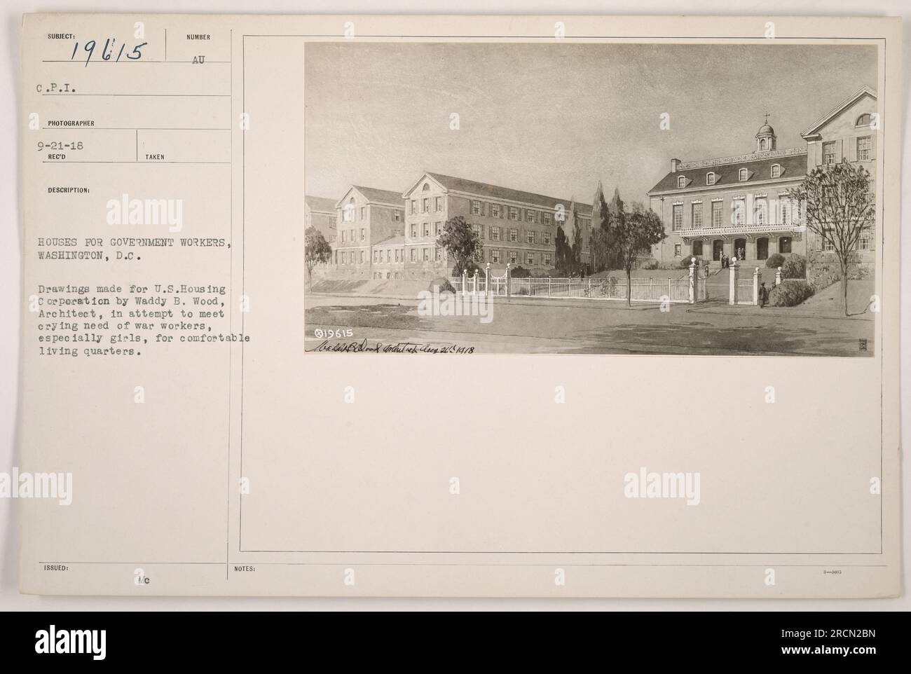 Bildunterschrift: Architektonische Zeichnungen von Waddy B. Wood, die vorgeschlagene Wohnungen für Regierungsangestellte in Washington, D.C., im Jahr 1918 während des 1. Weltkriegs darstellen Die Zeichnungen wurden erstellt, um dem dringenden Bedarf an komfortablen Unterkünften, insbesondere für Kriegsarbeiterinnen, Rechnung zu tragen. Quelle: 111-SC-19615, C.P.I. Fotos amerikanischer Militäraktionen. Stockfoto