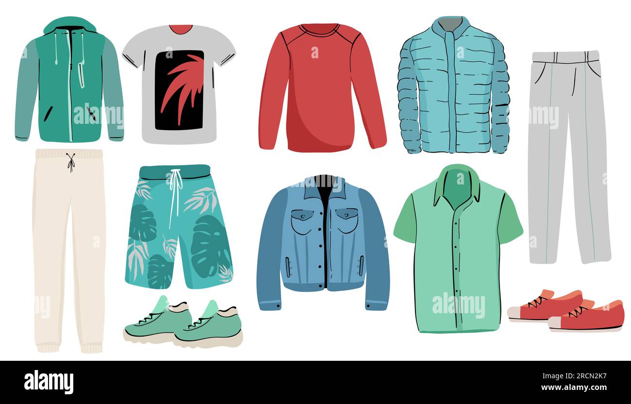 Set aus Herrenbekleidung und Accessoires. Mode- und Stylingelemente. Vektordarstellung der flachen Konstruktion Stock Vektor