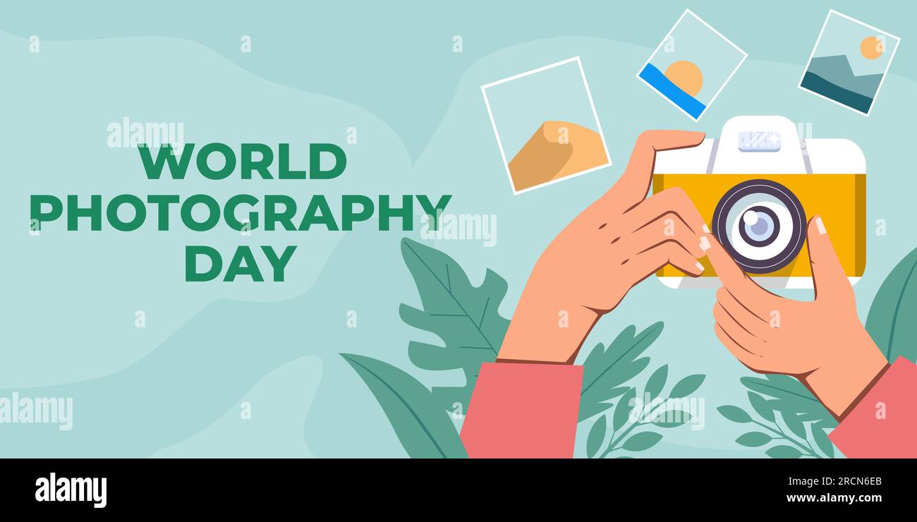 Horizontales Banner für den Weltfotografietag mit Händen, die die Kamera halten Stock Vektor