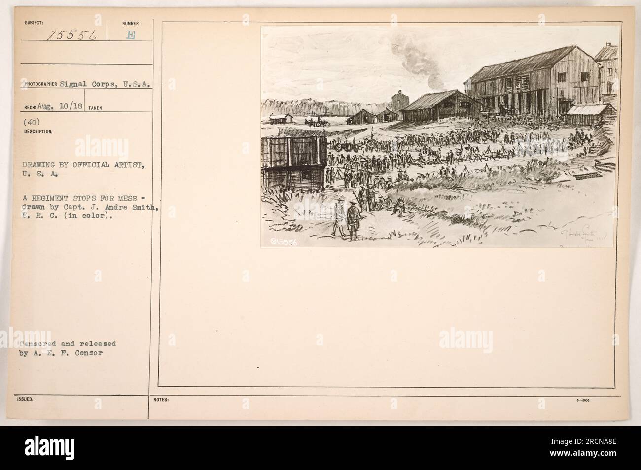 Soldaten eines Regiments machen eine Pause, um ihr Essen zu essen. Die Szene ist in einer farbigen Zeichnung von Captain J. Andre Smith von der US-Armee dargestellt. Dieses Bild wurde zensiert und vom Zensor der Alliierten Expeditionsstreitkräfte (A.E.F.) veröffentlicht. Stockfoto