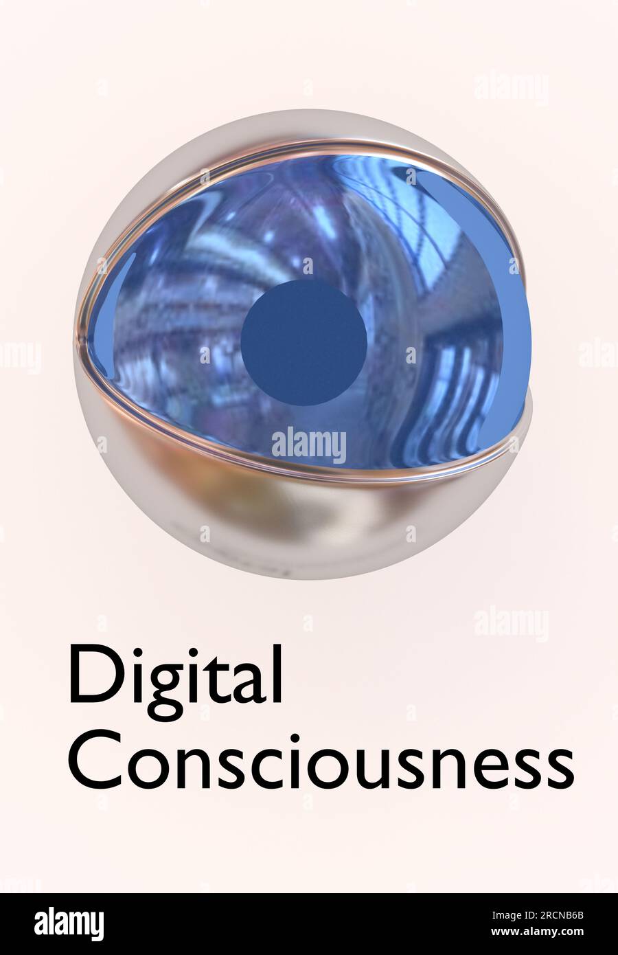 3D Abbildung eines Roboterkopfes mit dem Titel „Digitales Bewusstsein“, isoliert auf hellgrau. Stockfoto